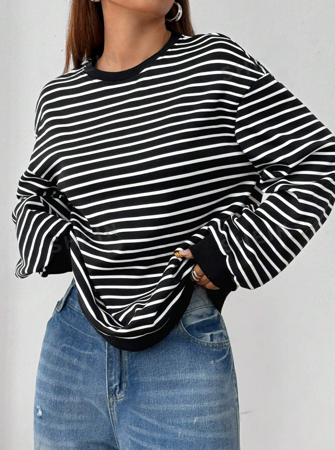 Women's Thin Long Sleeve Striped Oversized Sweatshirt