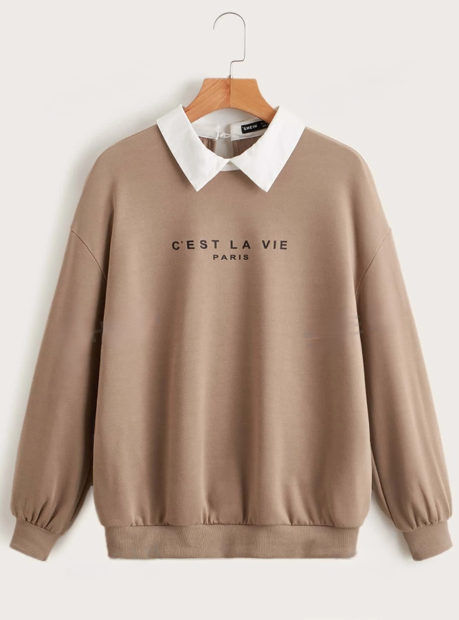 Contrast Collar Slogan Graphic Drop Shoulder Pullover