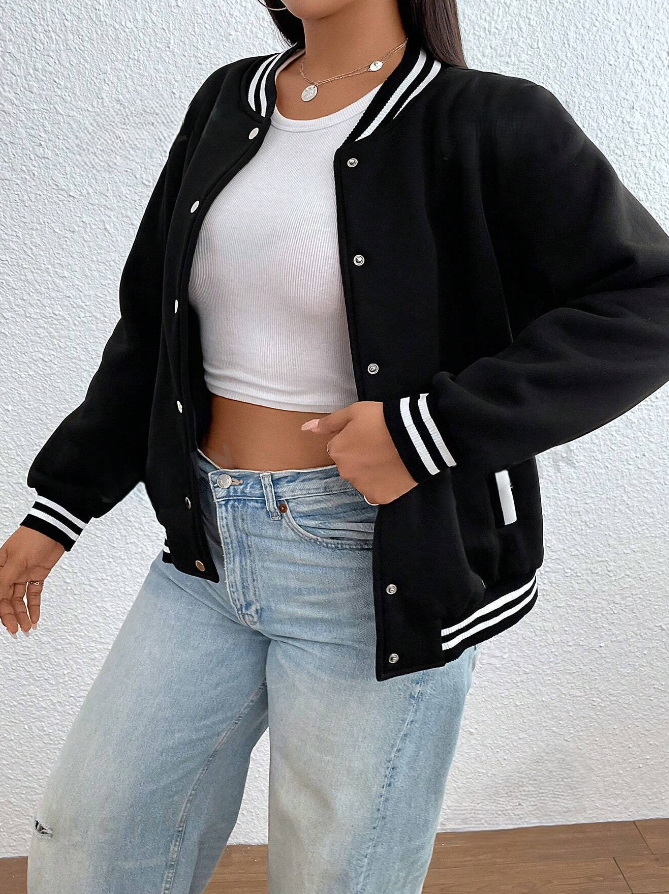 Striped Trim Drop Shoulder Bomber Jacket