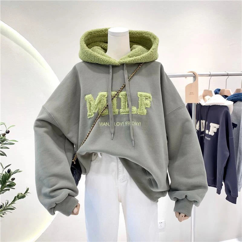 Women's Korean-Style "MILF" Wool-Lettered Hoodie, Loose Fit