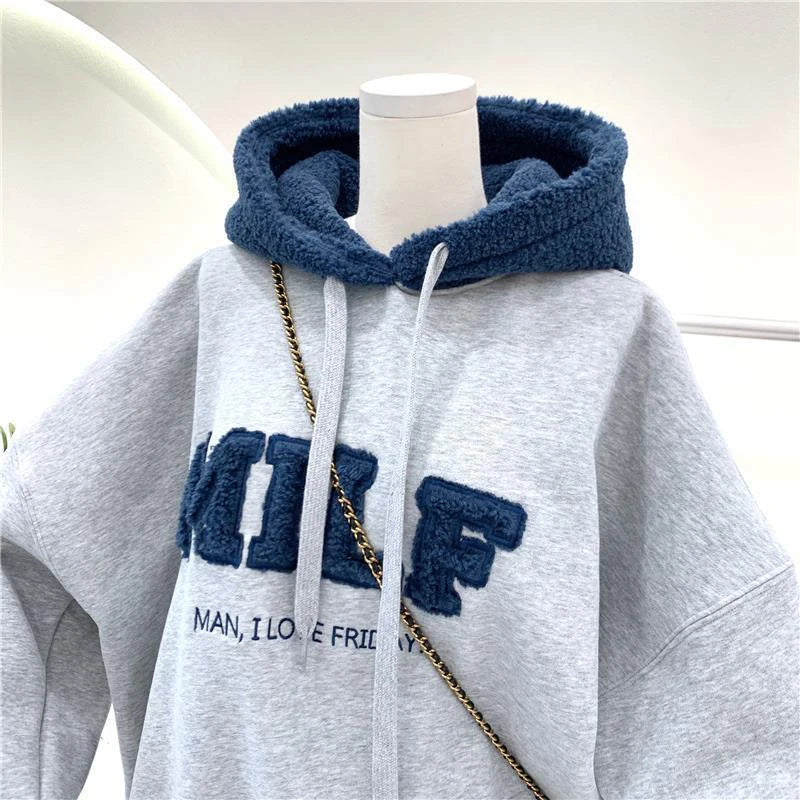 Women's Korean-Style "MILF" Wool-Lettered Hoodie, Loose Fit