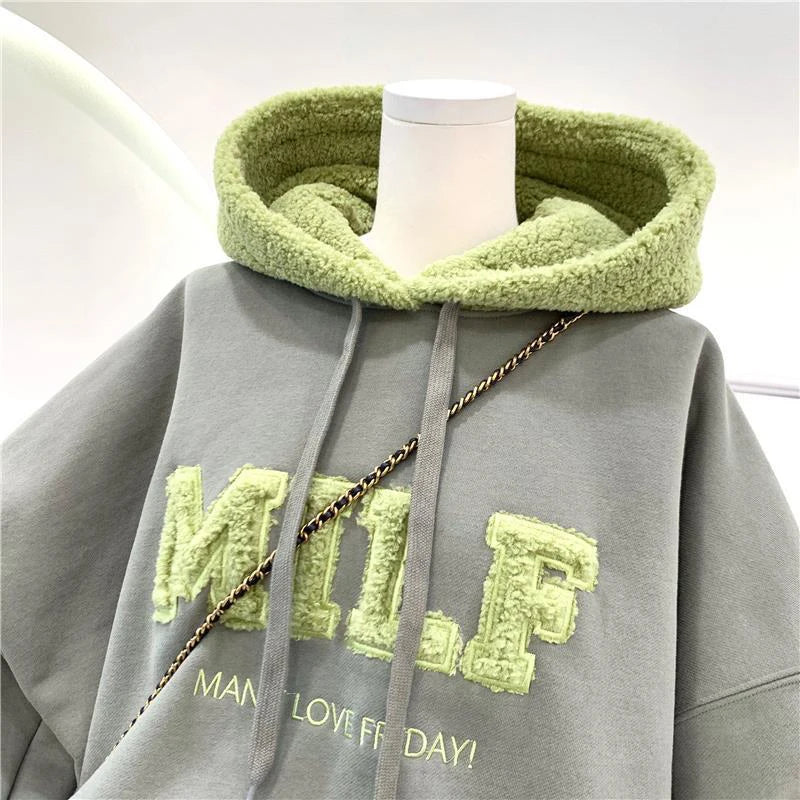 Women's Korean-Style "MILF" Wool-Lettered Hoodie, Loose Fit