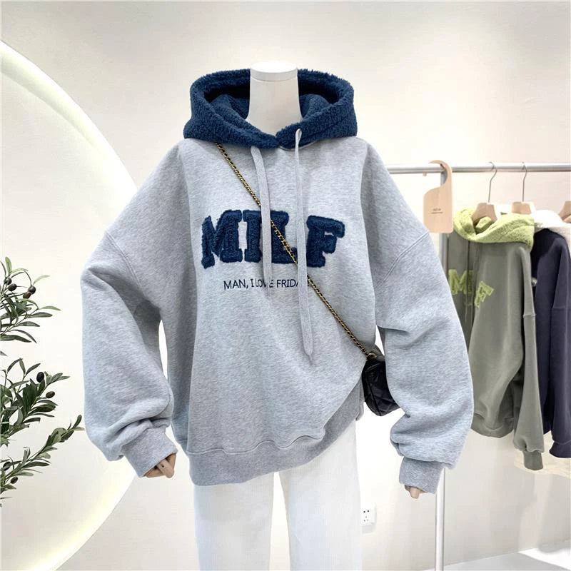 Women's Korean-Style "MILF" Wool-Lettered Hoodie, Loose Fit