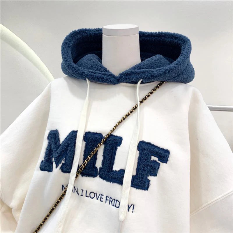 Women's Korean-Style "MILF" Wool-Lettered Hoodie, Loose Fit