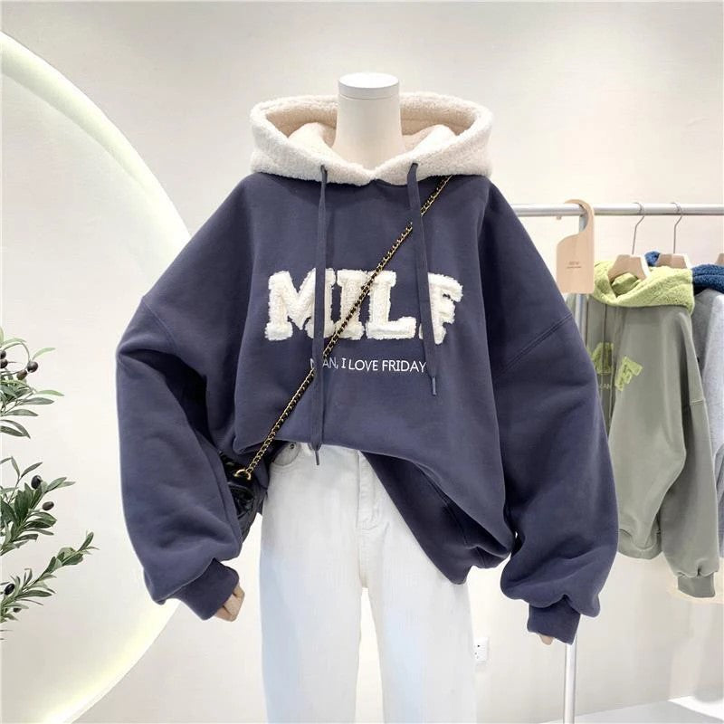 Women's Korean-Style "MILF" Wool-Lettered Hoodie, Loose Fit