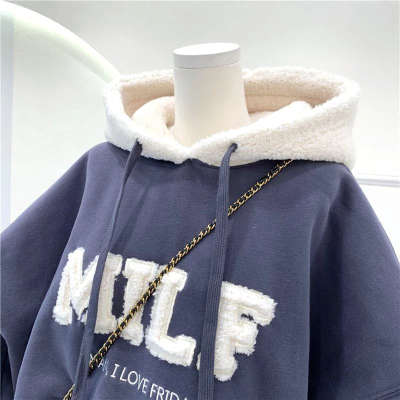 Women's Korean-Style "MILF" Wool-Lettered Hoodie, Loose Fit