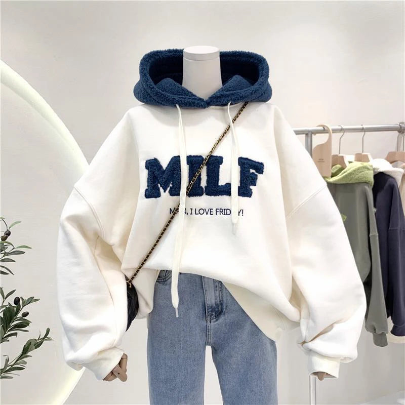 Women's Korean-Style "MILF" Wool-Lettered Hoodie, Loose Fit